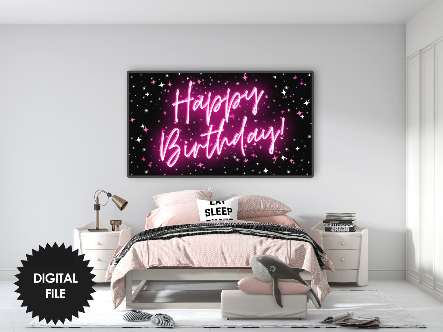 Birthday Frame TV Art, Happy Birthday Neon Pink, Birthday TV Art For Girls preview in teen bedroom