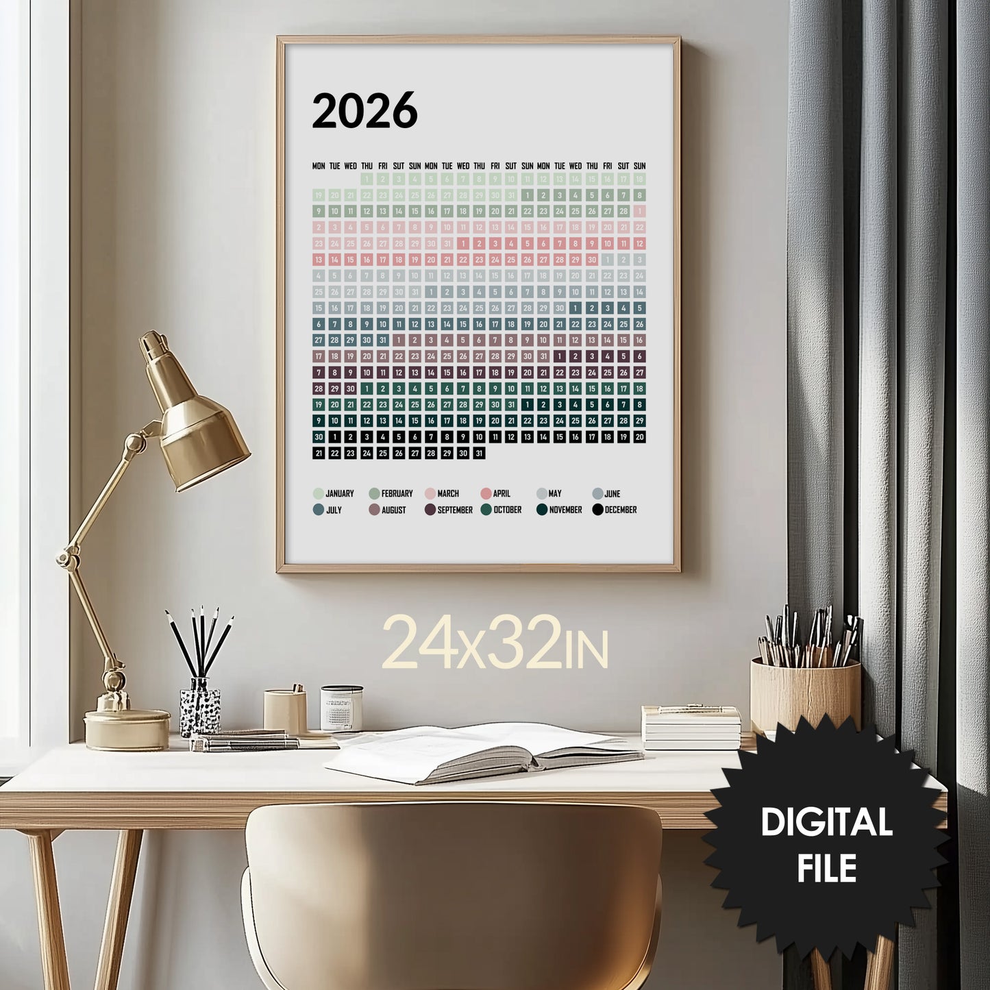 Printable Calendar 2026, Minimalist Wall Art Year Poster preview in home office