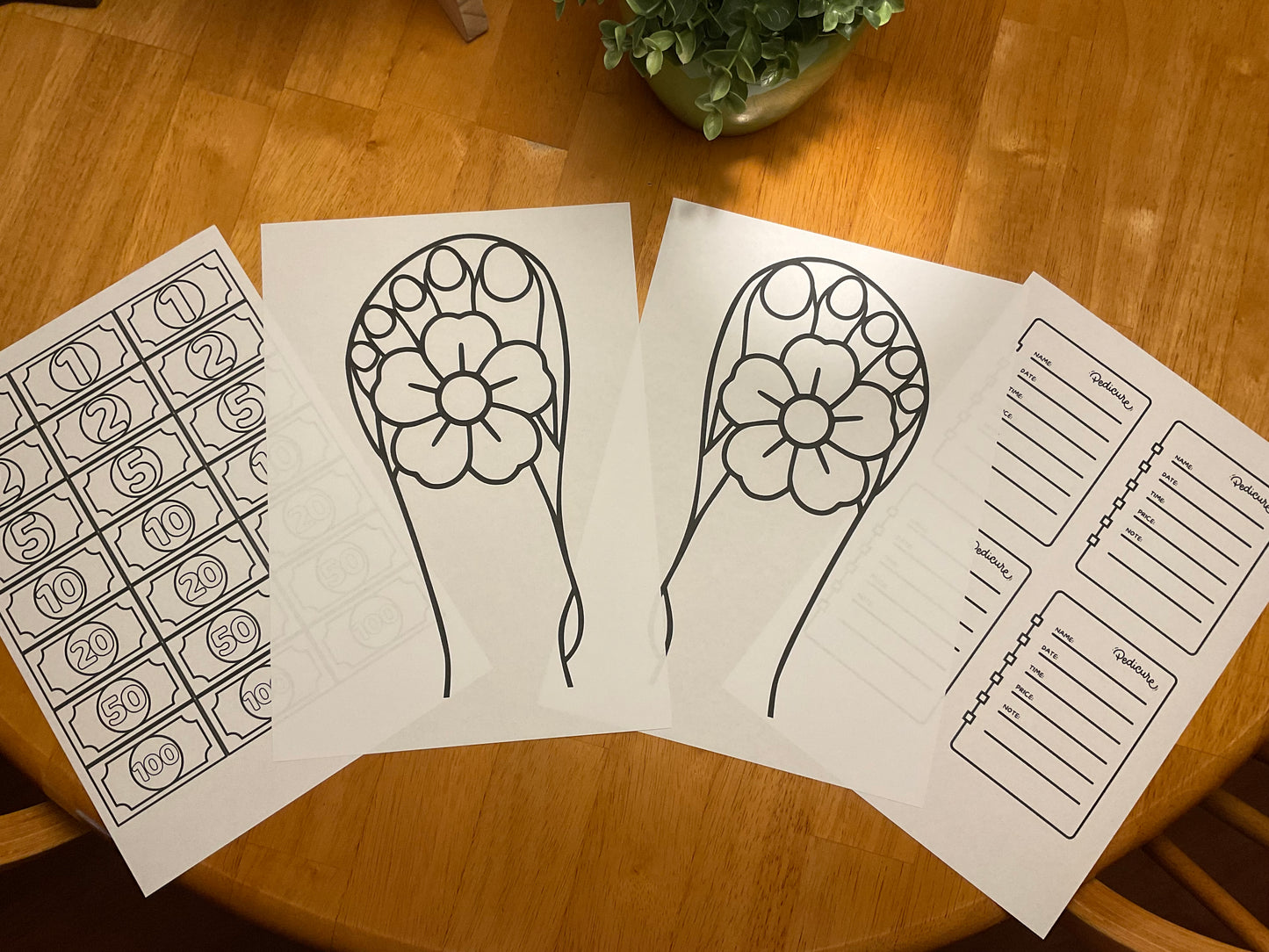 Pedicure Fun Template For Girls, Nail Coloring Pages, Left & Right Foot, Appointment Book and Money Bills, 4 Pages PDF Instant Download