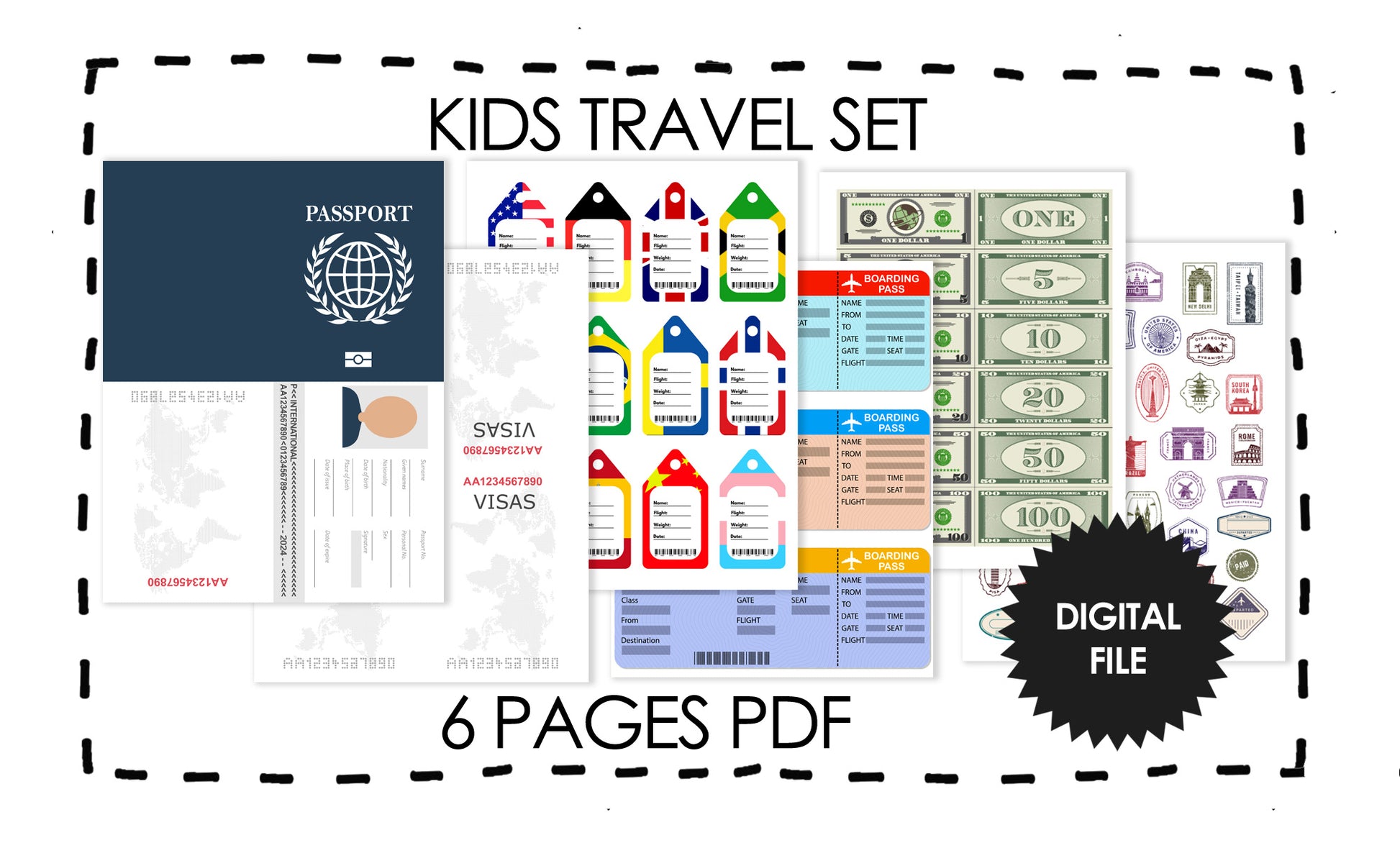 Kids Travel Set 6 Printable Pages, Kids Passport, Travel Tags, Stamps, Boarding Pass and Kids Money, Instant Download 1 PDF, Print At Home and play Lets Pretend Travelling