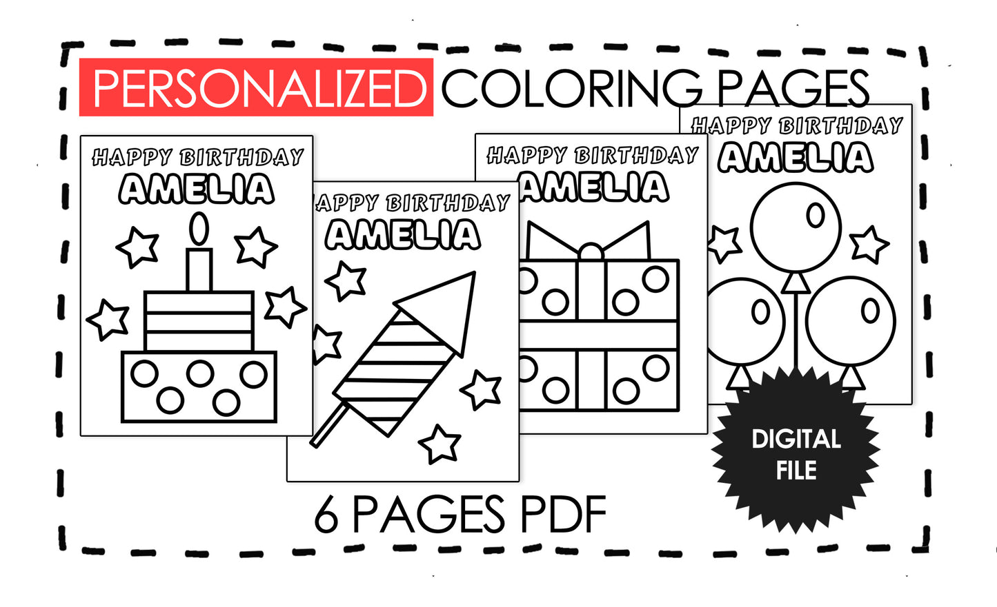 Personalized Birthday Coloring Pages For Kids and Toddlers, Birthday Gift, Very Thick Lines, Custom Name & Age, Kids Printables, 6 Pages PDF