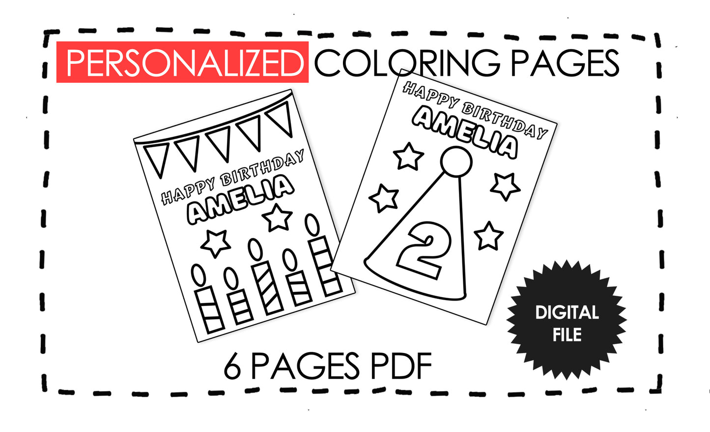 Personalized Birthday Coloring Pages For Kids and Toddlers, Birthday Gift, Very Thick Lines, Custom Name & Age, Kids Printables, 6 Pages PDF