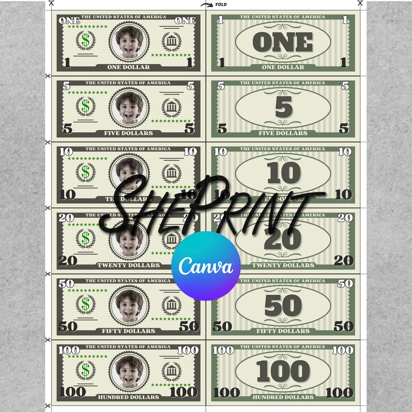 Editable Personalized Play Money Template For Kids, Custom Dollar Bills With Your Photo, For Canva Users, Printable PDF That Fits Letter/A4
