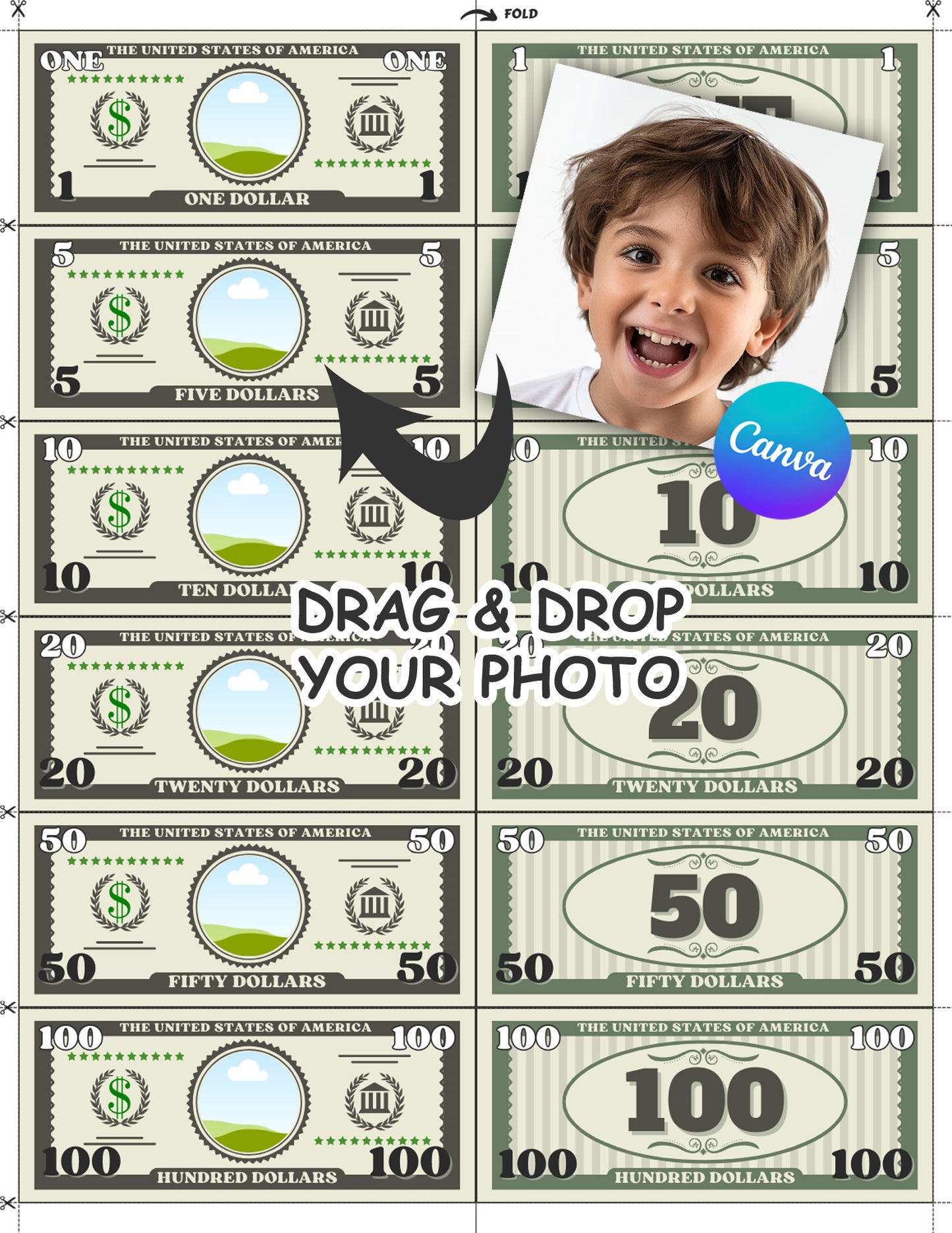 Editable Personalized Play Money Template For Kids, Custom Dollar Bills With Your Photo, For Canva Users, Printable PDF That Fits Letter/A4
