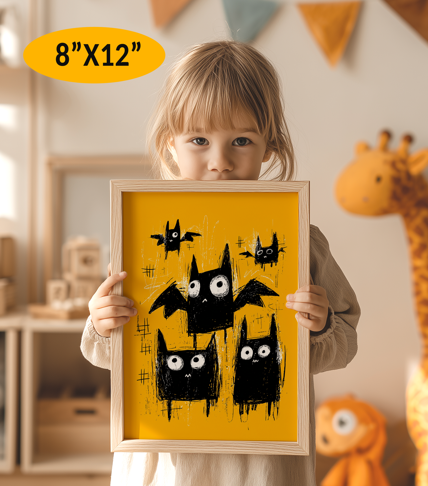 Halloween Wall Art Prints For Kids, Cute Black Cat and Bats, Rough Black Yellow Drawing, Instant Download JPG, Print up to 8"x12"in/20x30cm