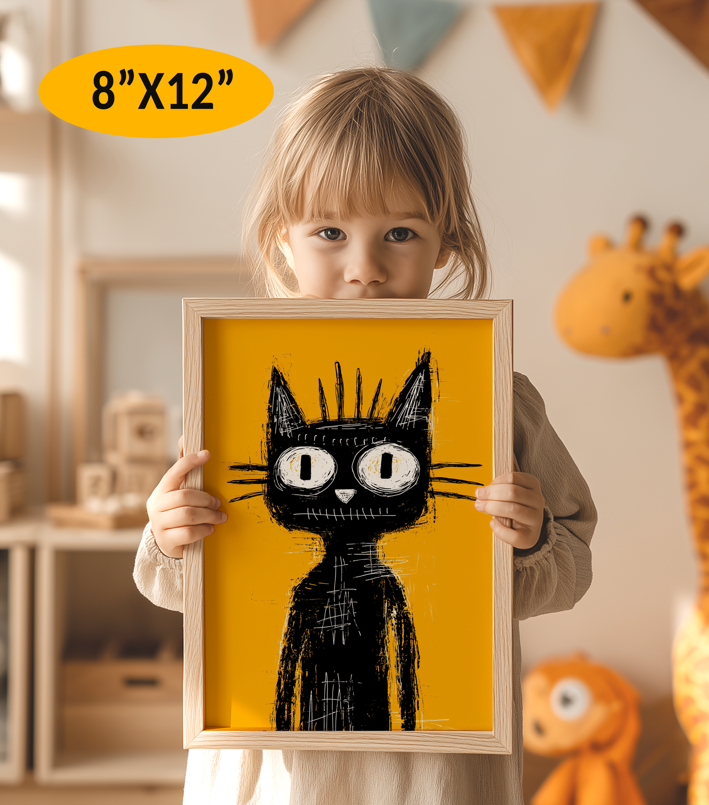 Halloween Wall Art Prints For Kids, Cute Black Cat and Bats, Rough Black Yellow Drawing, Instant Download JPG, Print up to 8"x12"in/20x30cm