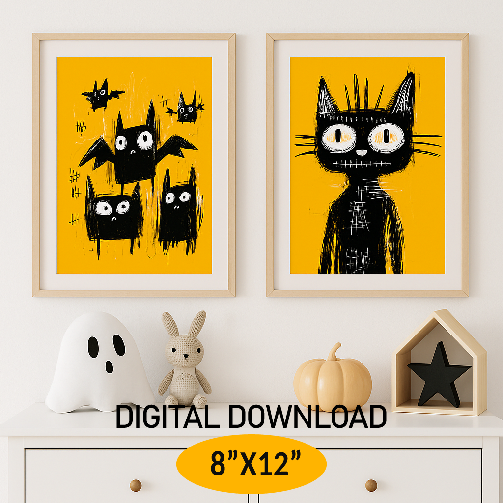 Halloween Wall Art Prints For Kids, Cute Black Cat and Bats, Rough Black Yellow Drawing, Instant Download JPG, Print up to 8"x12"in/20x30cm