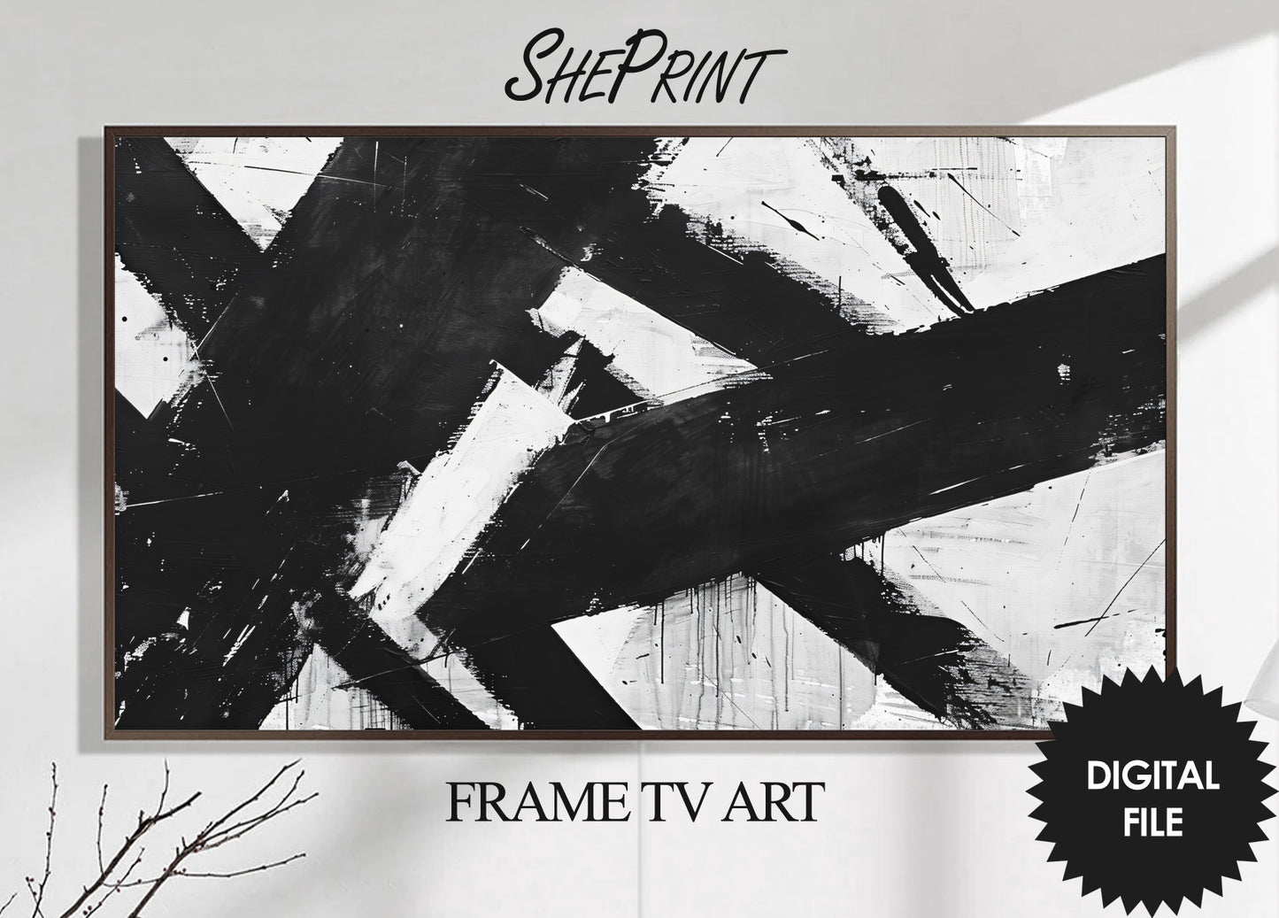 Frame TV Black and White Abstract Art, Brush Strokes Oil Painting preview on Samsung Frame TV