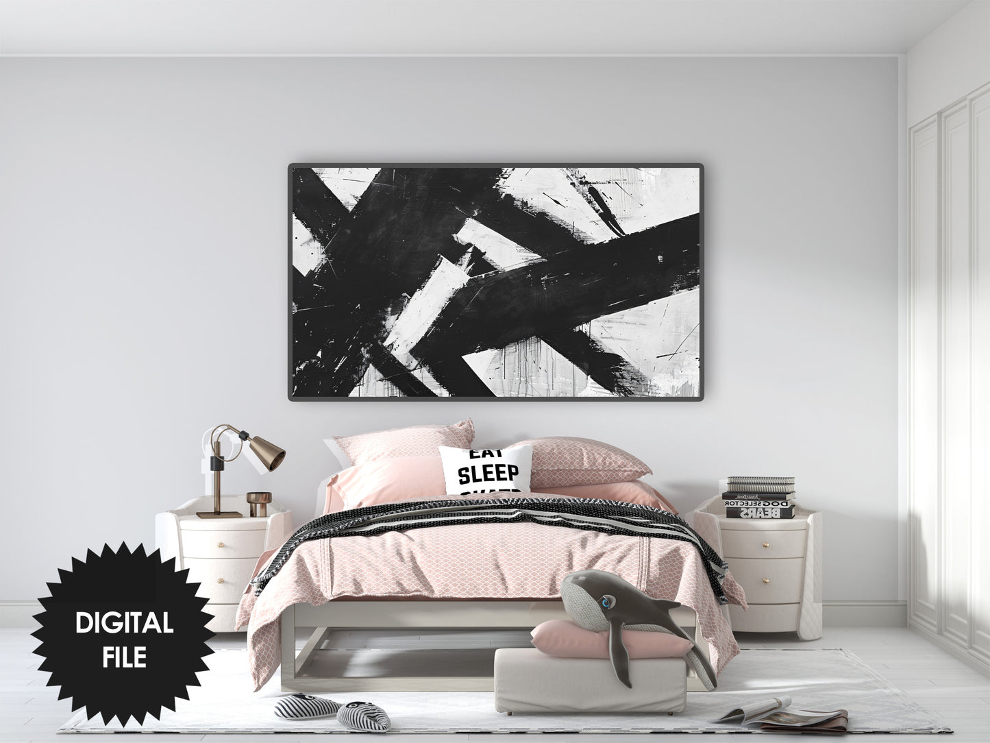 Frame TV Black and White Abstract Art, Brush Strokes Oil Painting preview in modern bedroom