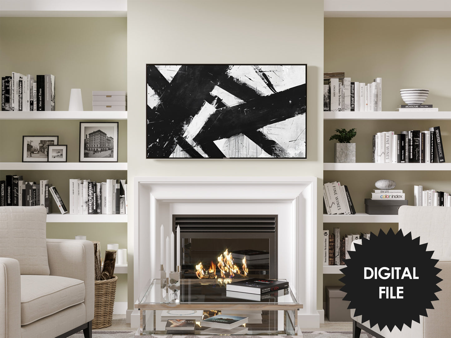 Frame TV Black and White Abstract Art, Brush Strokes Oil Painting preview in modern black and white living room