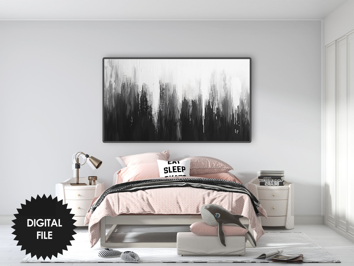 Frame TV Black and White Abstract Art, Dripping Paint preview on Samsung Frame TV in modern bedroom