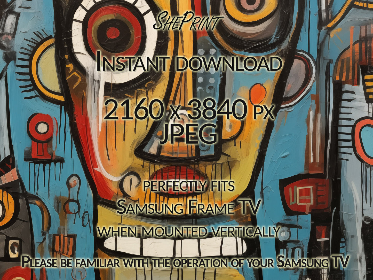 Vertical Frame TV Art, Abstract Face Art Brut Oil Painting, Outsider Art close up look