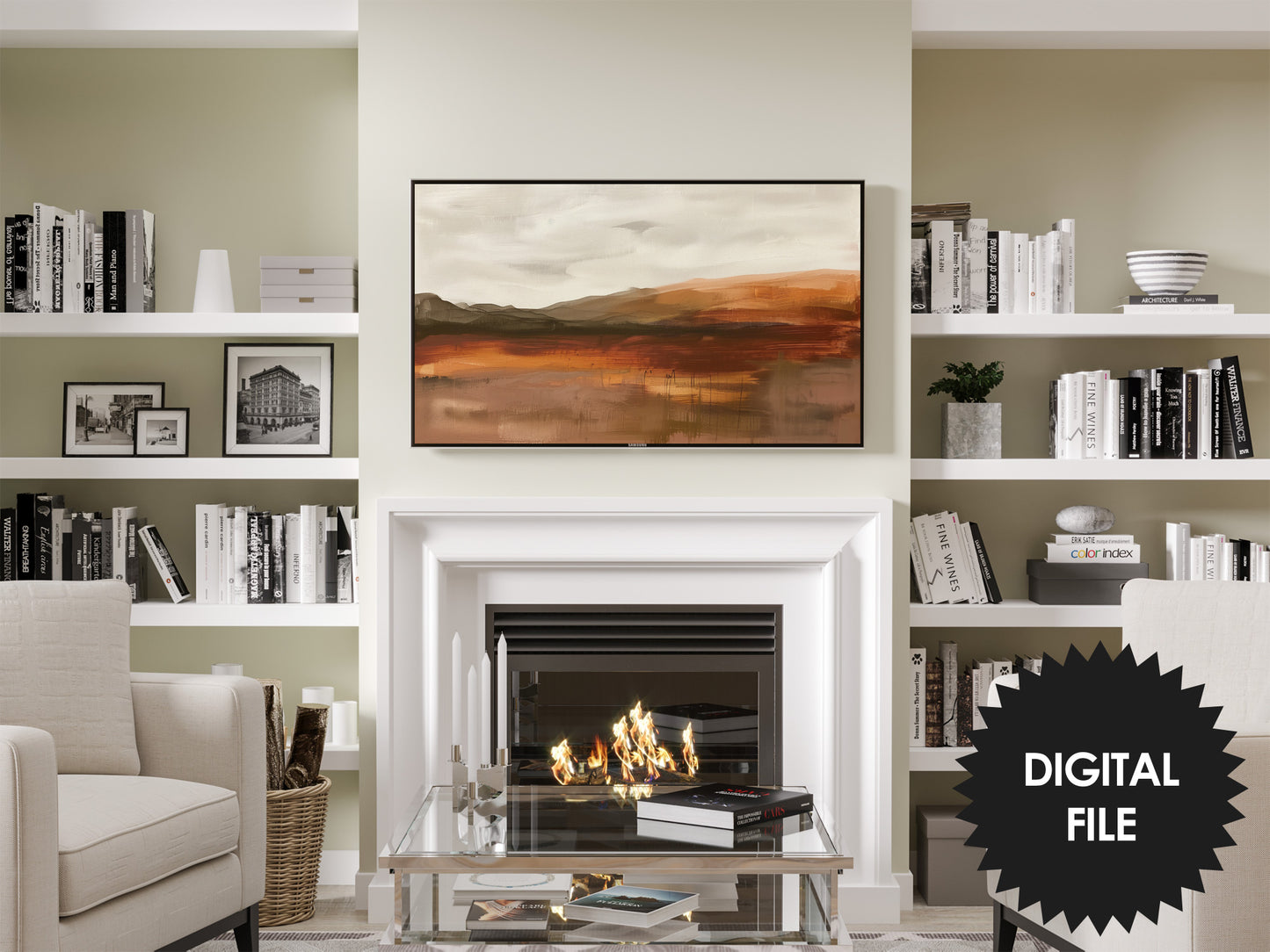 Abstract Earth Tones Landscape Frame TV Art preview in modern living room