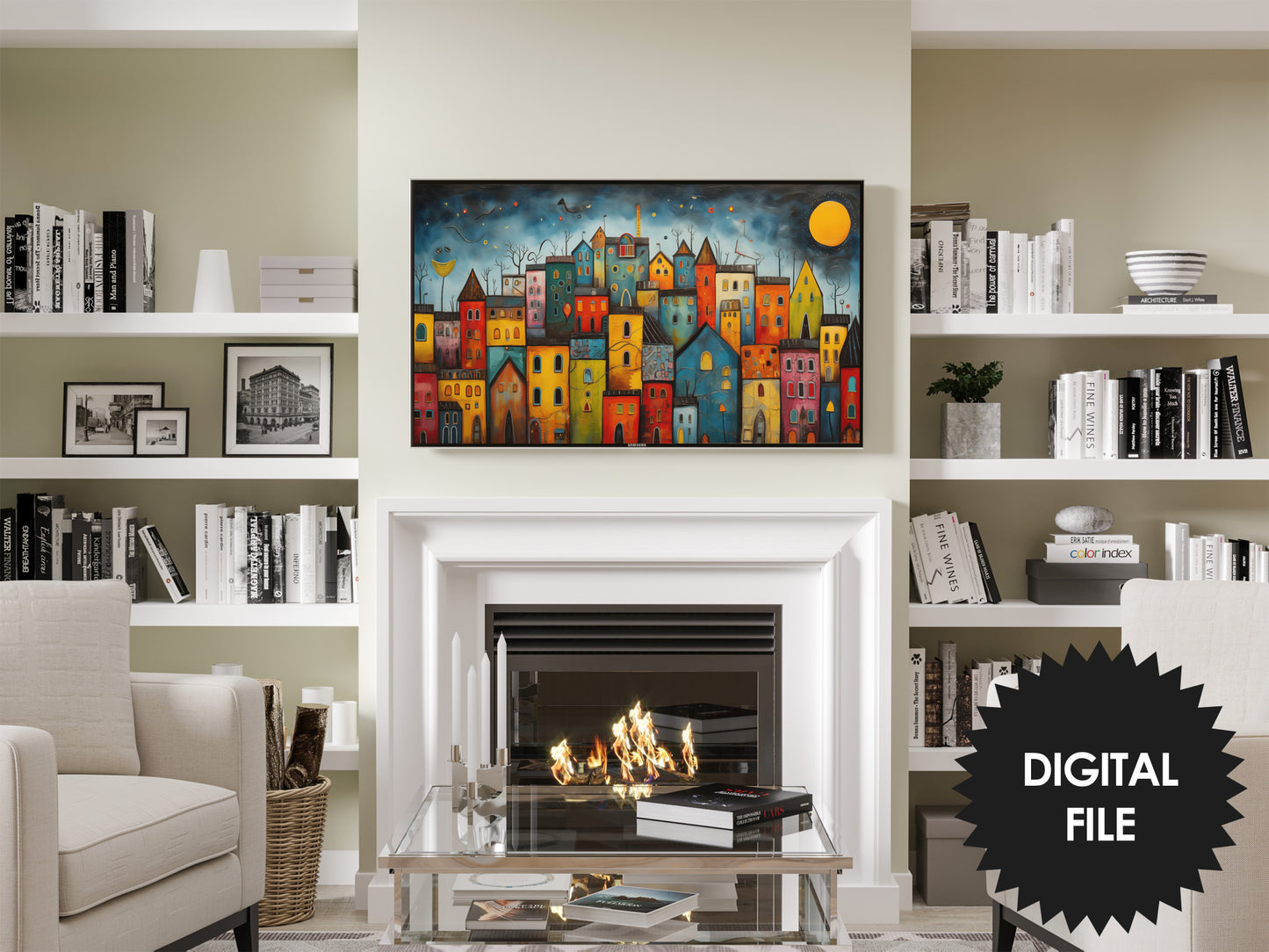 Samsung Frame TV Art | Colorful Abstract Night Town TV Art preview in modern living room