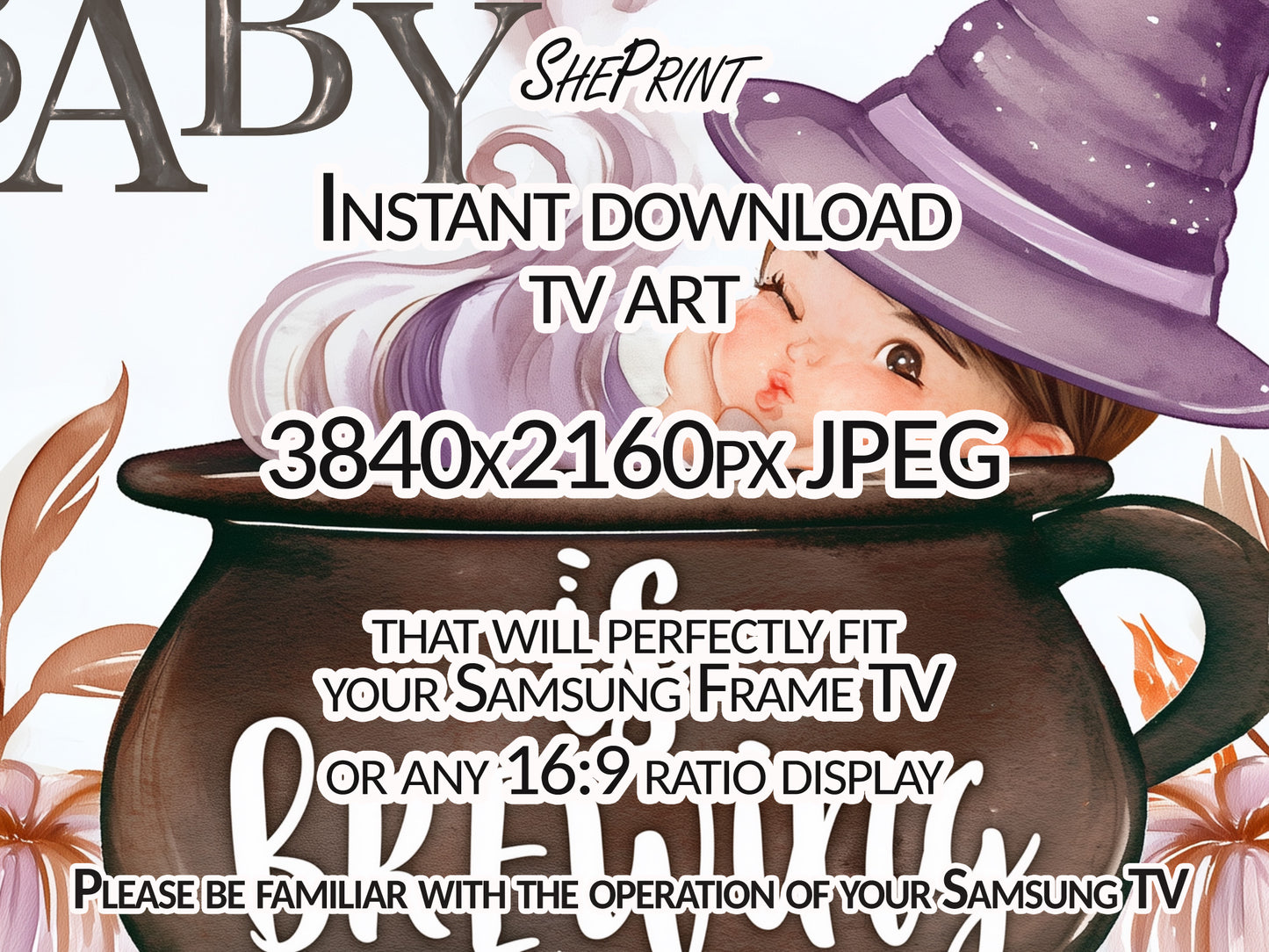 Baby Shower TV Display | "A Baby Is Brewing" Halloween Theme | Digital Download, close up view