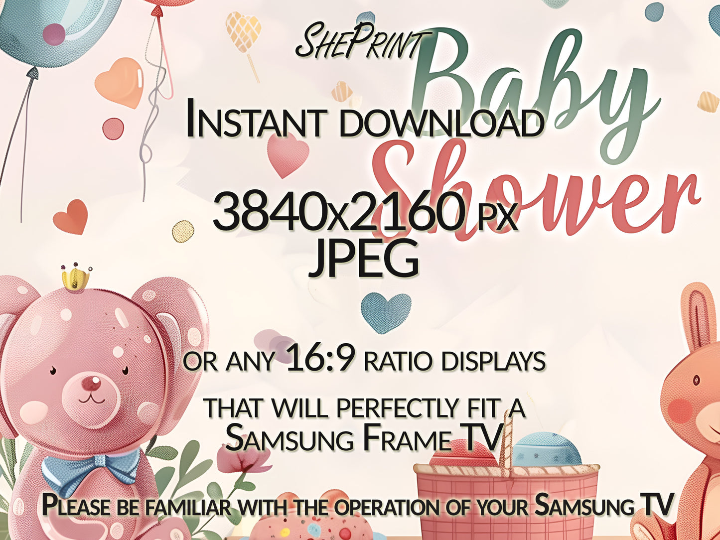 Baby Shower Frame TV Art | Soft Peachy Tones Baby Shower Party Decor close up view