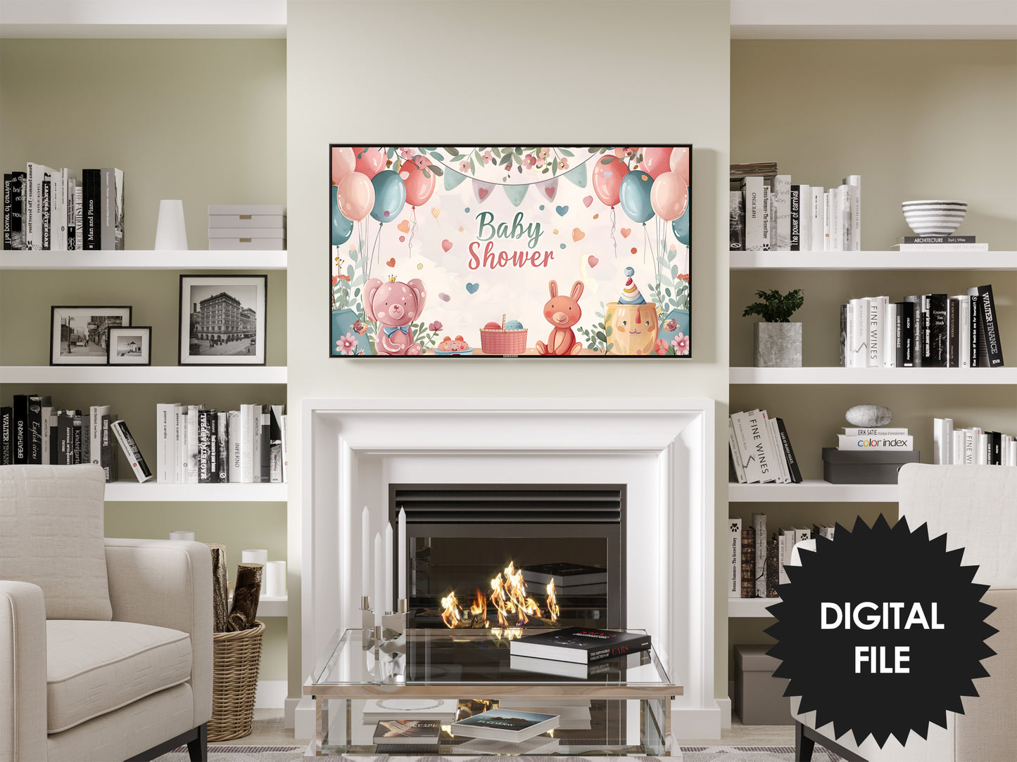 Baby Shower Frame TV Art | Soft Peachy Tones Baby Shower Party Decor preview on wall in living room