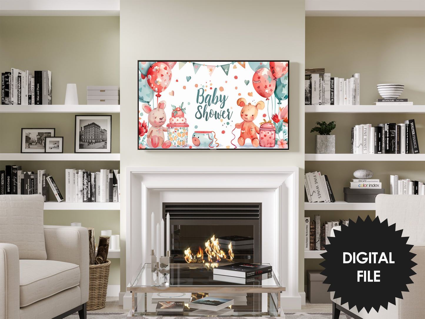 Baby Shower Frame TV Art | Gender Neutral Green-Blue And Soft Red Watercolor Baby Shower Party Decor preview on wall in living room