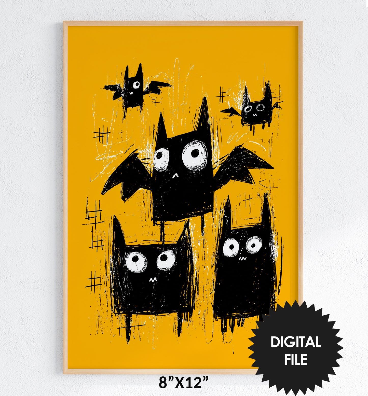 Halloween Wall Art Prints For Kids, Cute Black Cat and Bats, Rough Black Yellow Drawing, Instant Download JPG, Print up to 8"x12"in/20x30cm