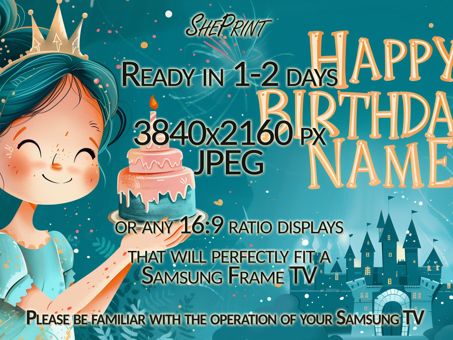 Personalized Birthday Frame TV Art For Kids | Happy Birthday Little Princess close up view