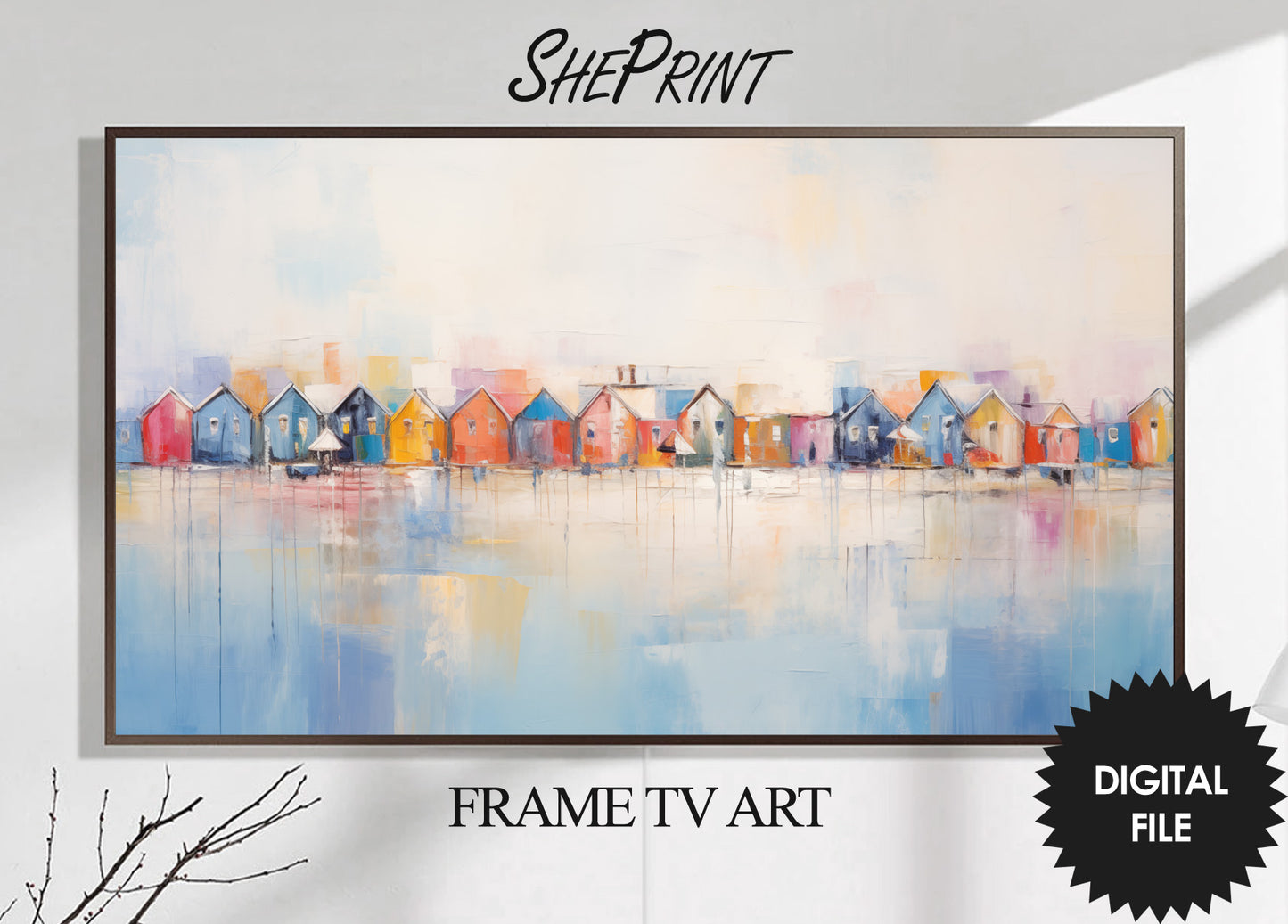 Samsung Frame TV Art | Beach Huts Painting | Coastal Digital TV Art preview on Samsung Frame TV