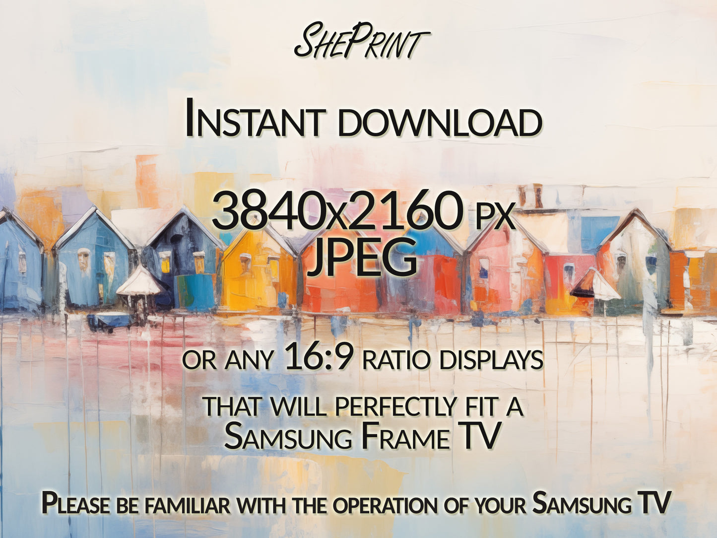 Samsung Frame TV Art | Beach Huts Painting | Coastal Digital TV Art close up view