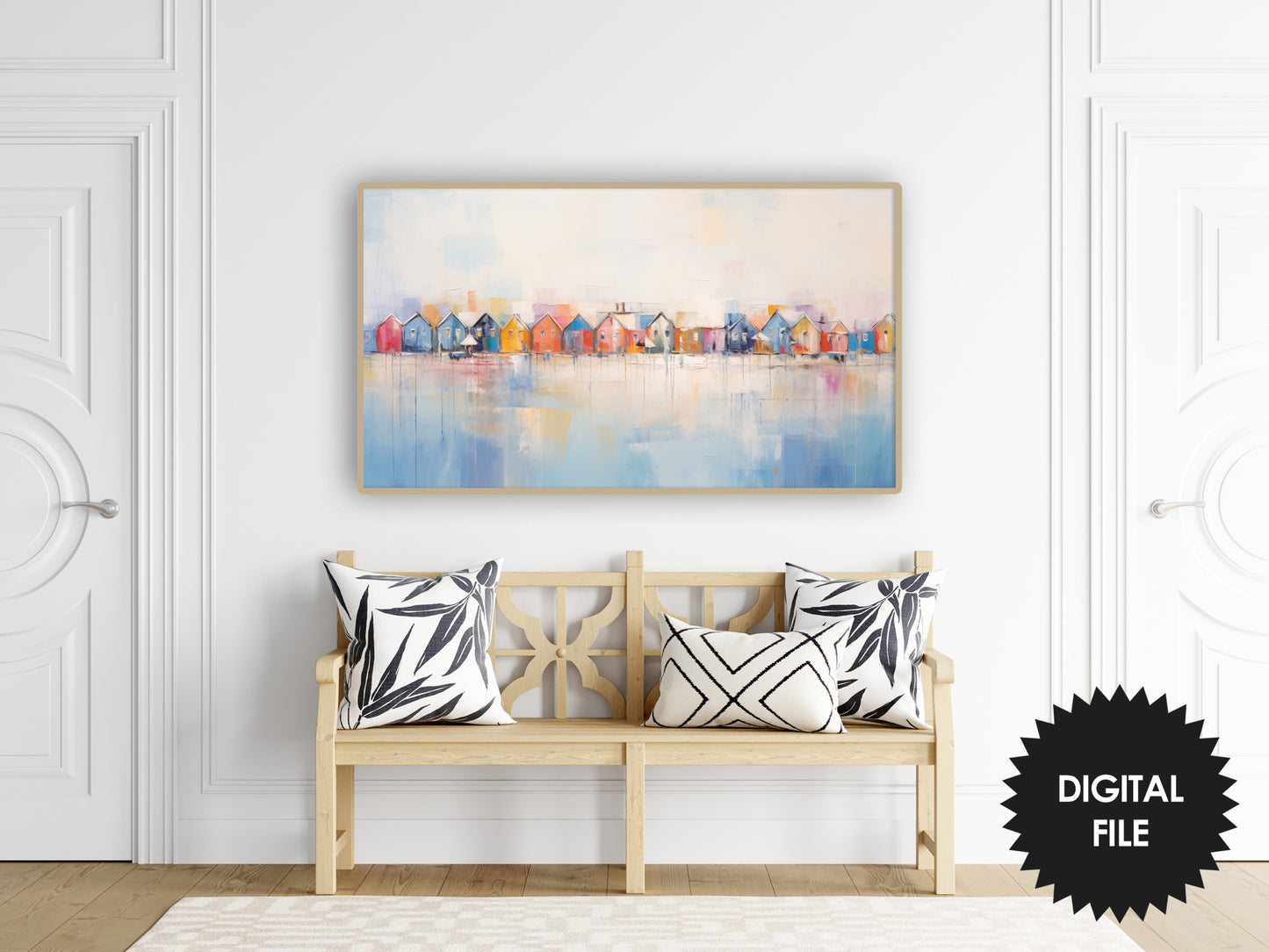 Samsung Frame TV Art | Beach Huts Painting | Coastal Digital TV Art preview on Frame TV in modern Scandinavian ambience.