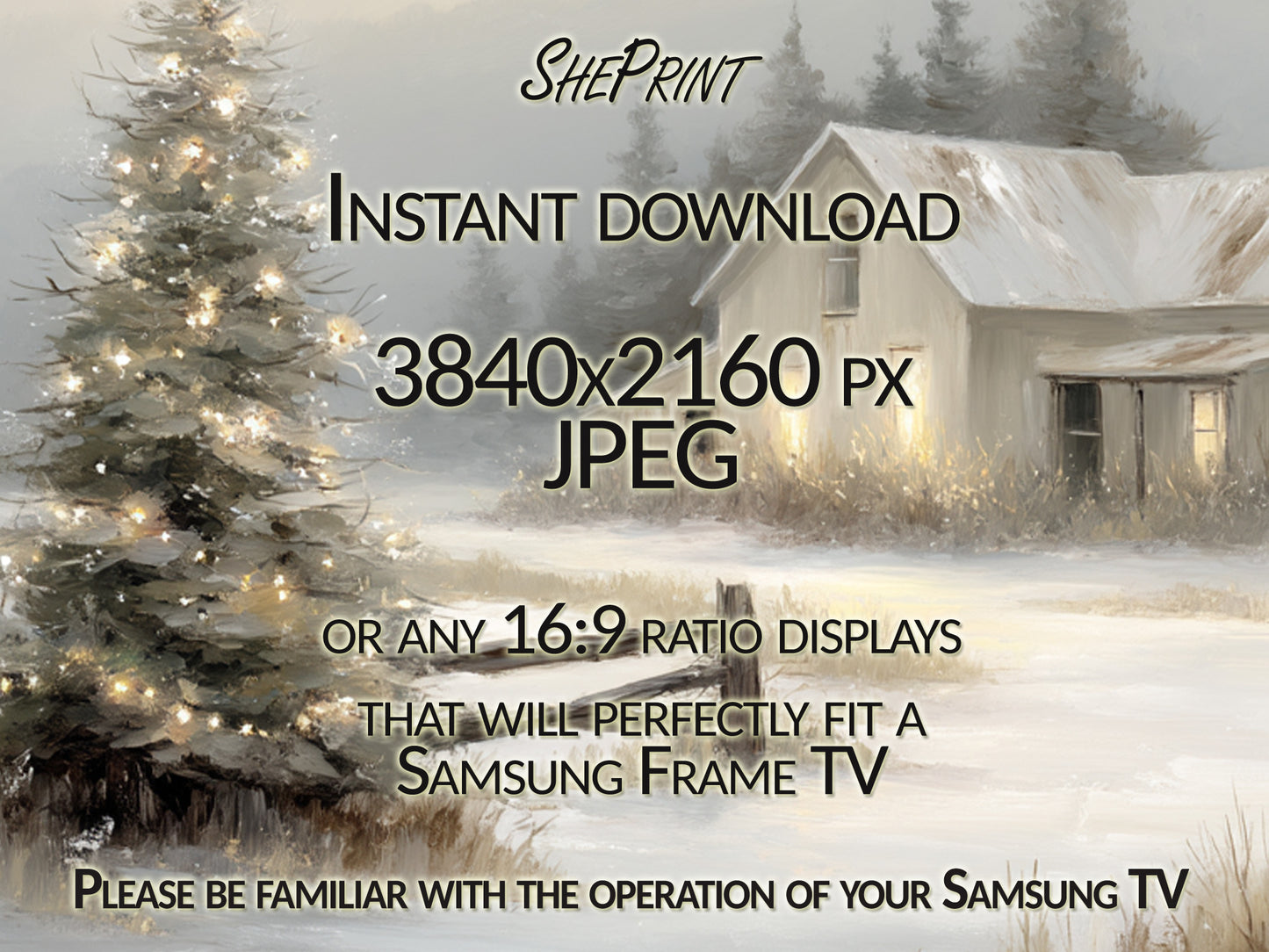 Beige Christmas Scene TV Art | Winter Landscape Painting close up view