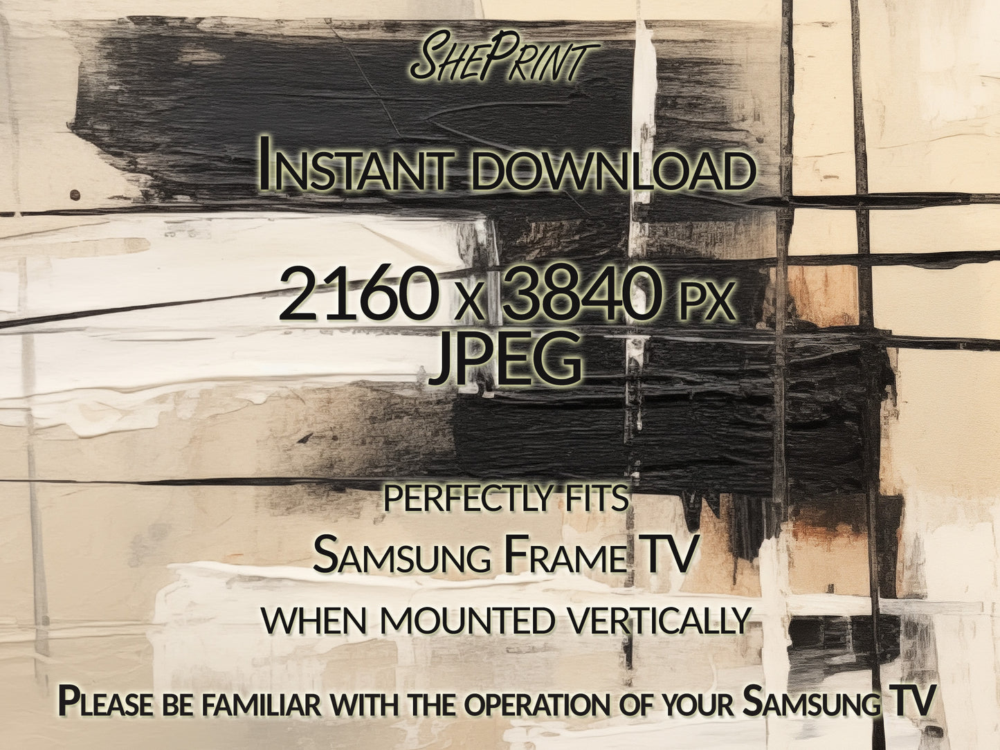Vertical Frame TV Art, Beige Abstract Art, Modern Digital TV Art close up view