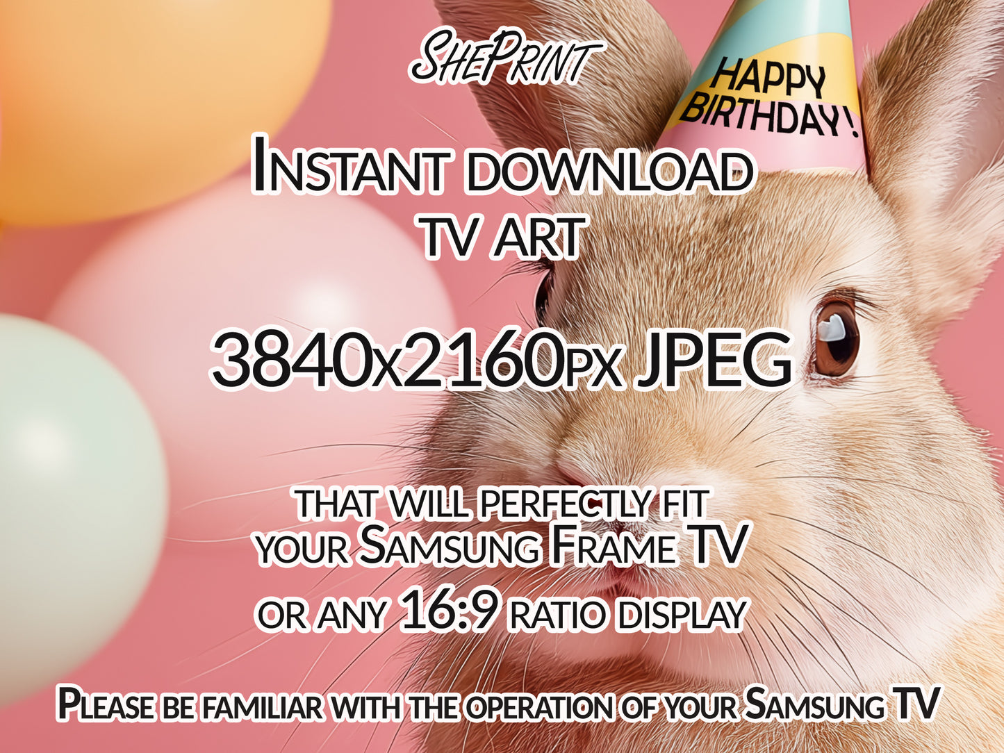 Birthday Bunny Frame TV Art | Pink Funny Birthday TV Backdrop | Digital Download close up look