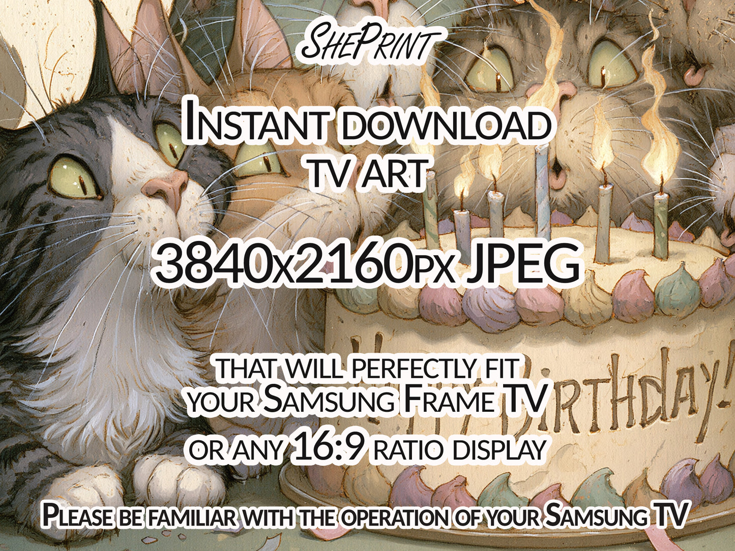 Cat Birthday TV Backdrop Funny Cats Party Decor Digital Download for Pet Lovers Celebration, close up view