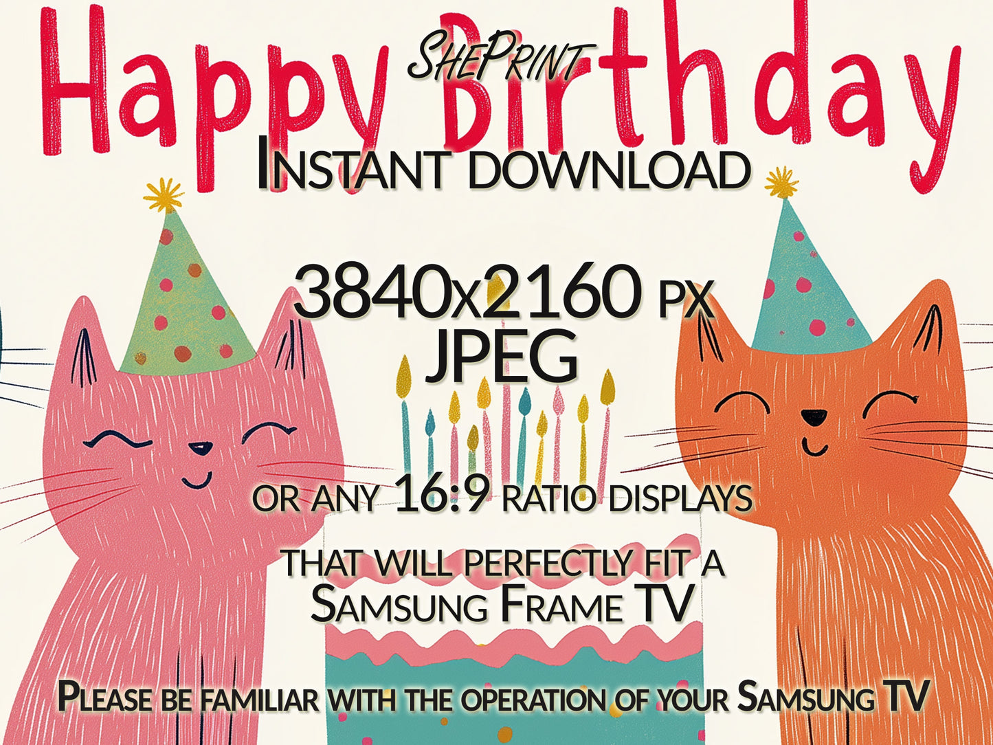 Kids Birthday Frame TV Art | Happy Birthday Cats Drawing | Digital Download 3840x2160px JPG close up view