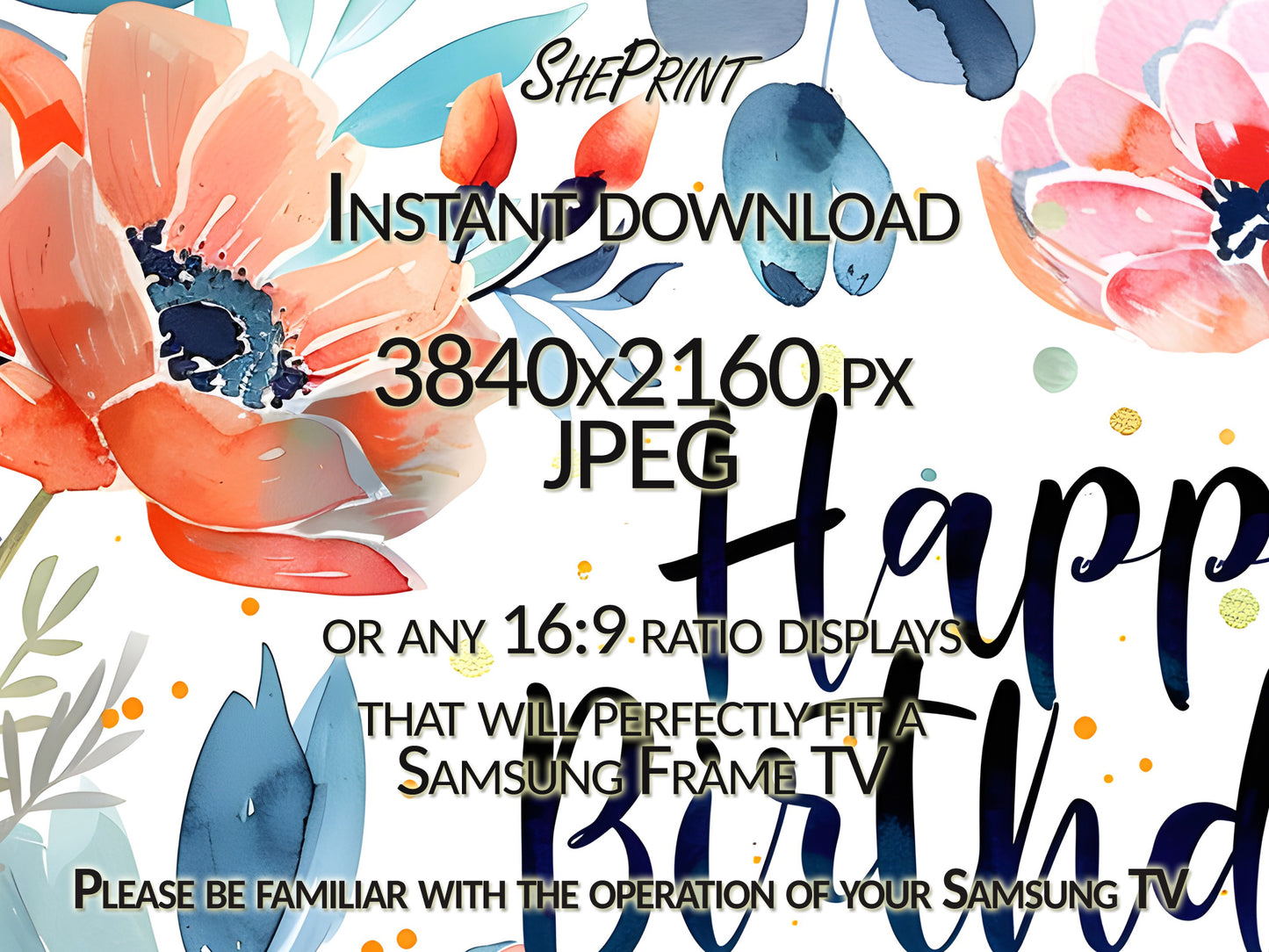 Samsung Frame TV Art | Happy Birthday Floral Watercolor Design close up look