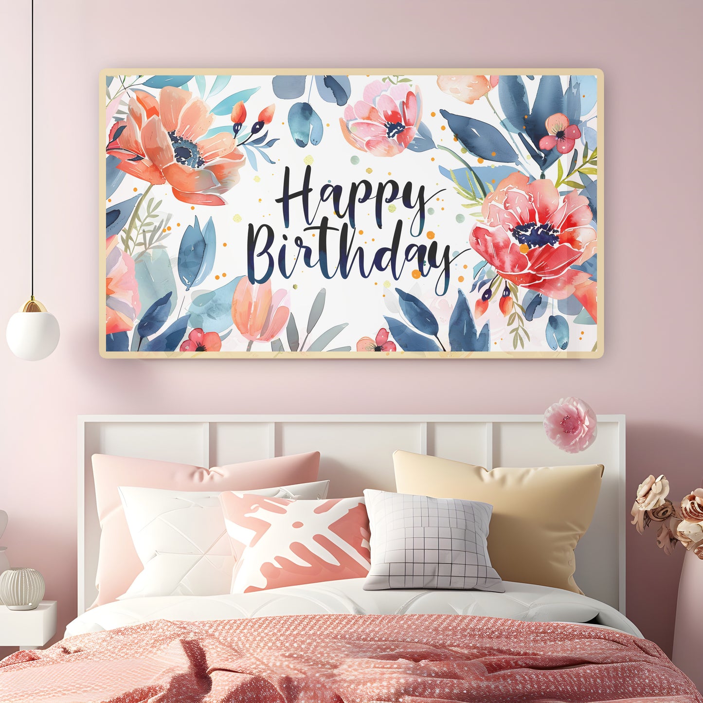 Samsung Frame TV Art | Happy Birthday Floral Watercolor Design preview in pastel bedroom