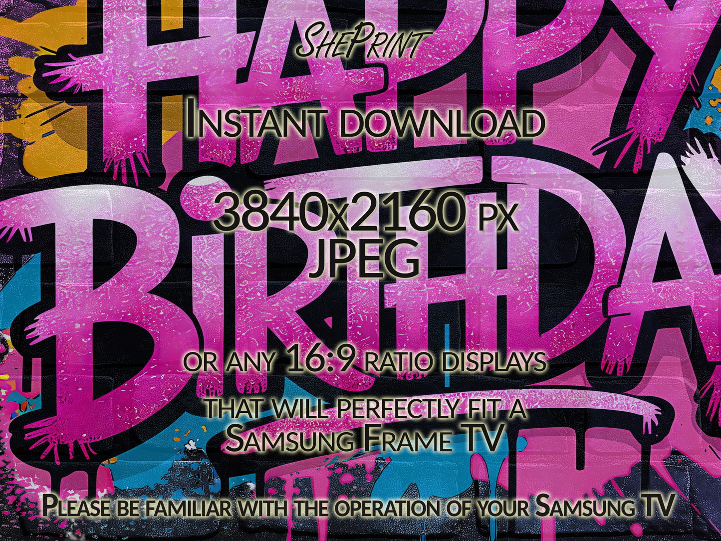 Samsung Frame TV Art | Happy Birthday Graffiti Wall | Purple Pink | For Kids and Teens close up view