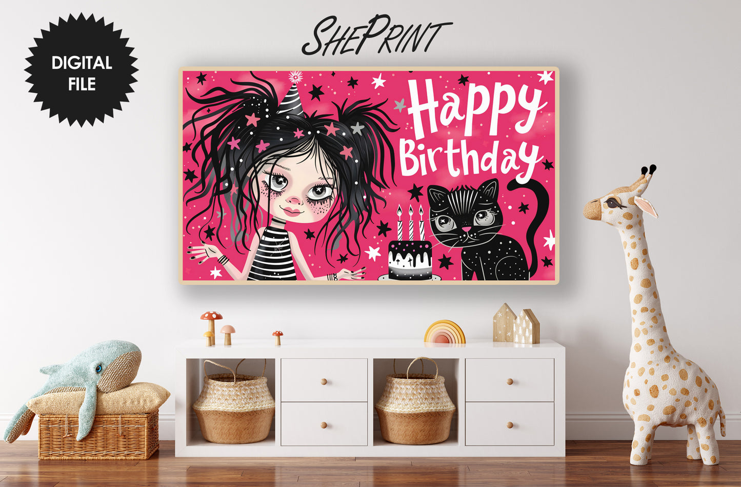 Frame TV Art For Girls | Happy Birthday Halloween Themed Birthday Party preview in kids room