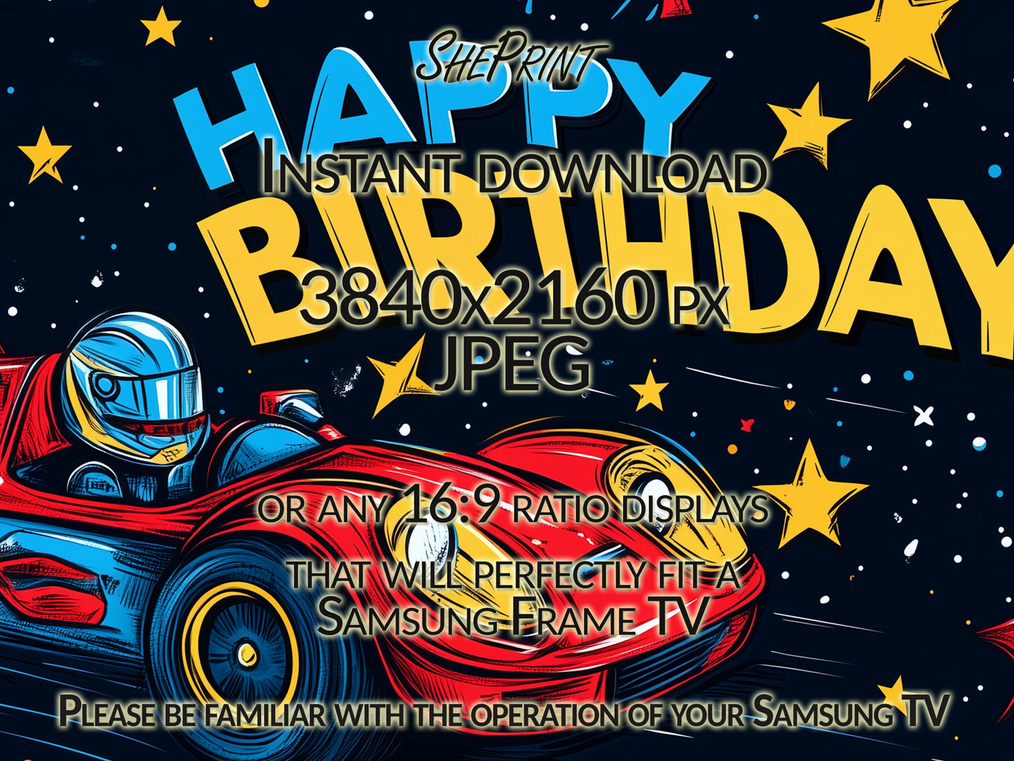 Frame TV Art For Kids | Happy Birthday Racing Car Art For Boys close up look