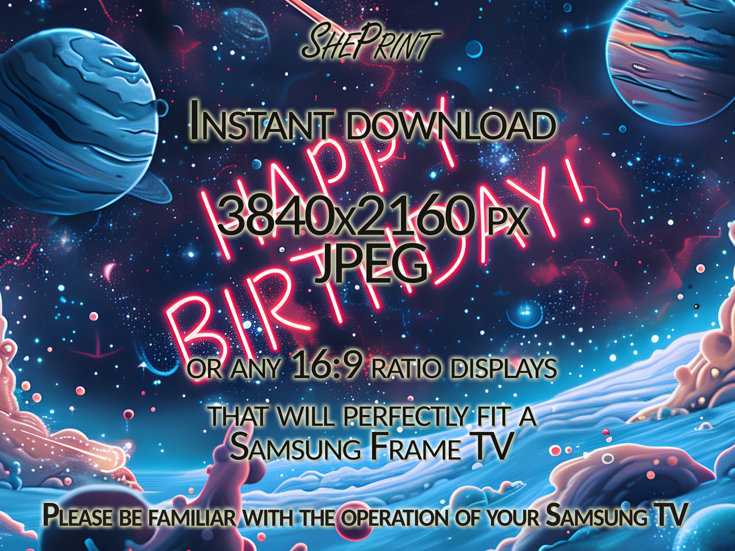 Birthday Frame TV Art, Space Fantasy Birthday Party TV Art For Teens, Girls And Boys close up view