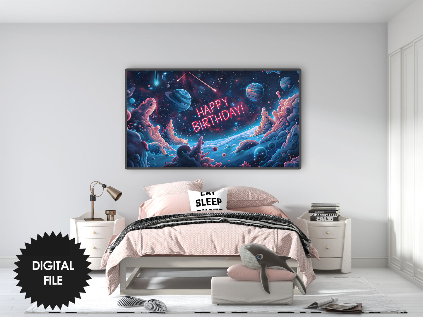 Birthday Frame TV Art, Space Fantasy Birthday Party TV Art For Teens, Girls And Boys preview in kids bedroom