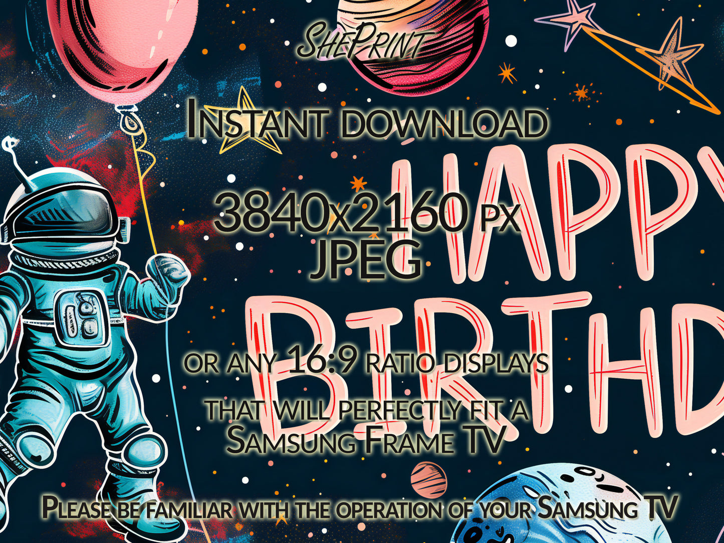 Frame TV Art Space Themed Birthday Party For Kids | Planets Stars Rocket Spaceman close up look