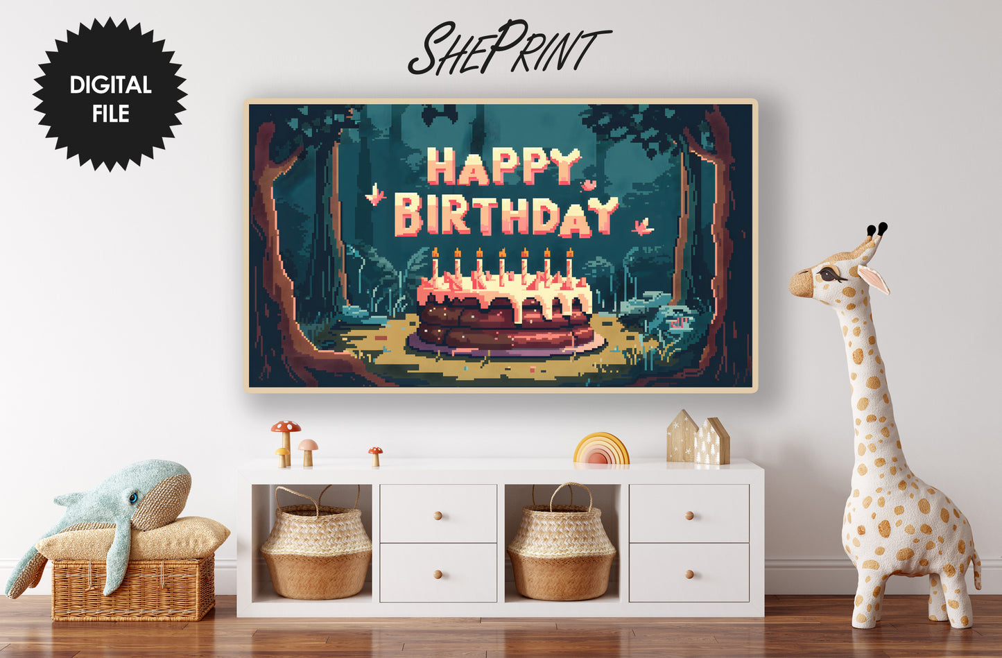 Samsung Frame TV Art For Kids | Happy Birthday Video Game Art preview in kids room