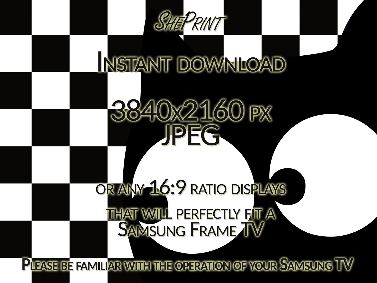 Non Scary Halloween Frame TV Art, Black Cat Checkered Background, Digital TV Art, Instant Download