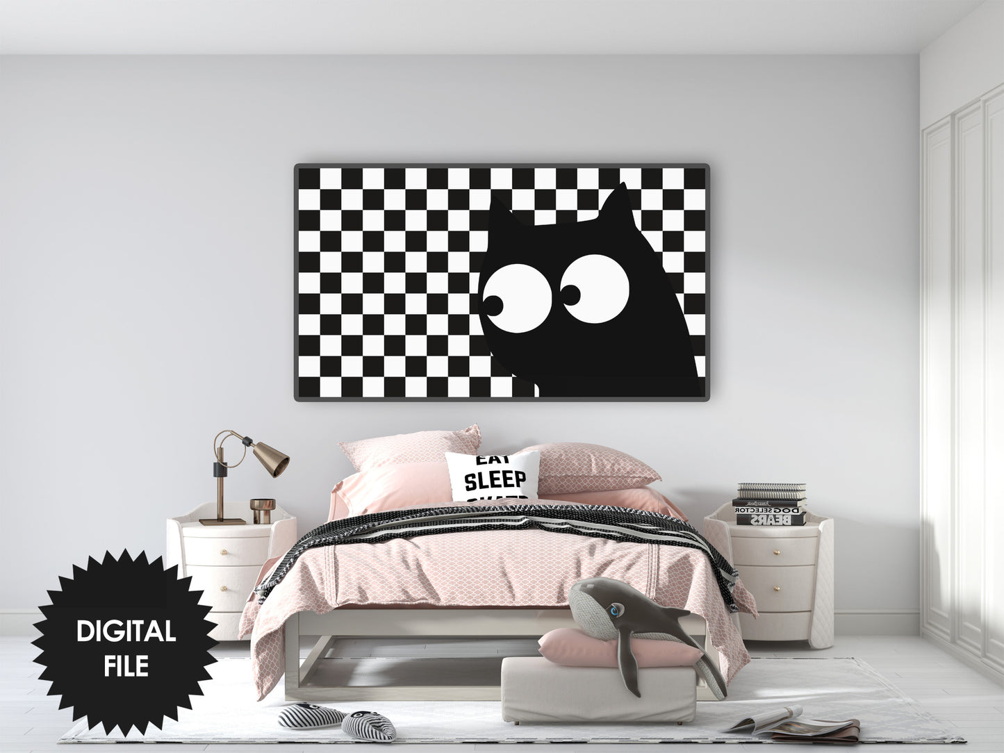 Non Scary Halloween Frame TV Art, Black Cat Checkered Background, Digital TV Art, Instant Download