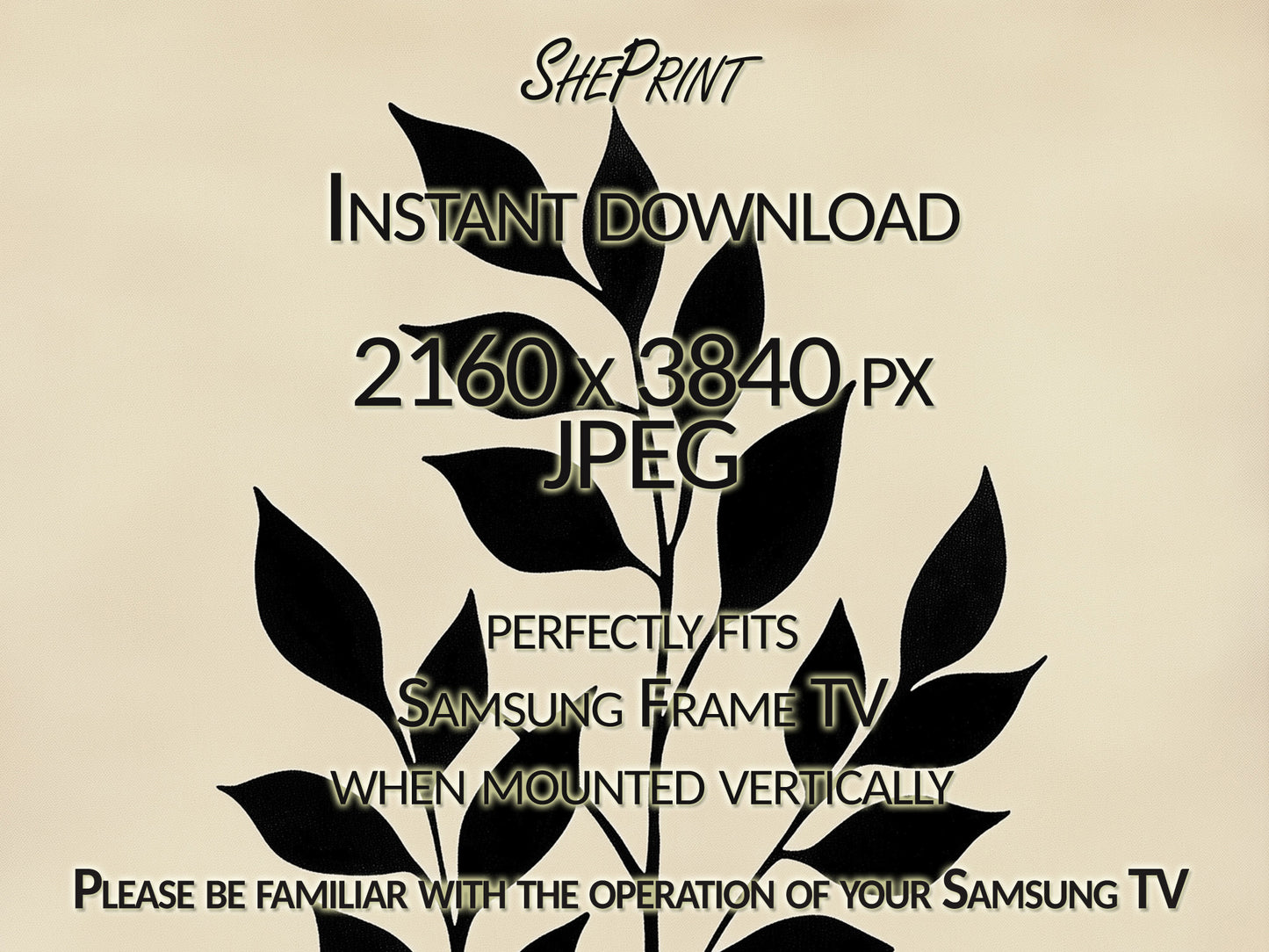 Black Leaves Vertical Frame TV Art close up view