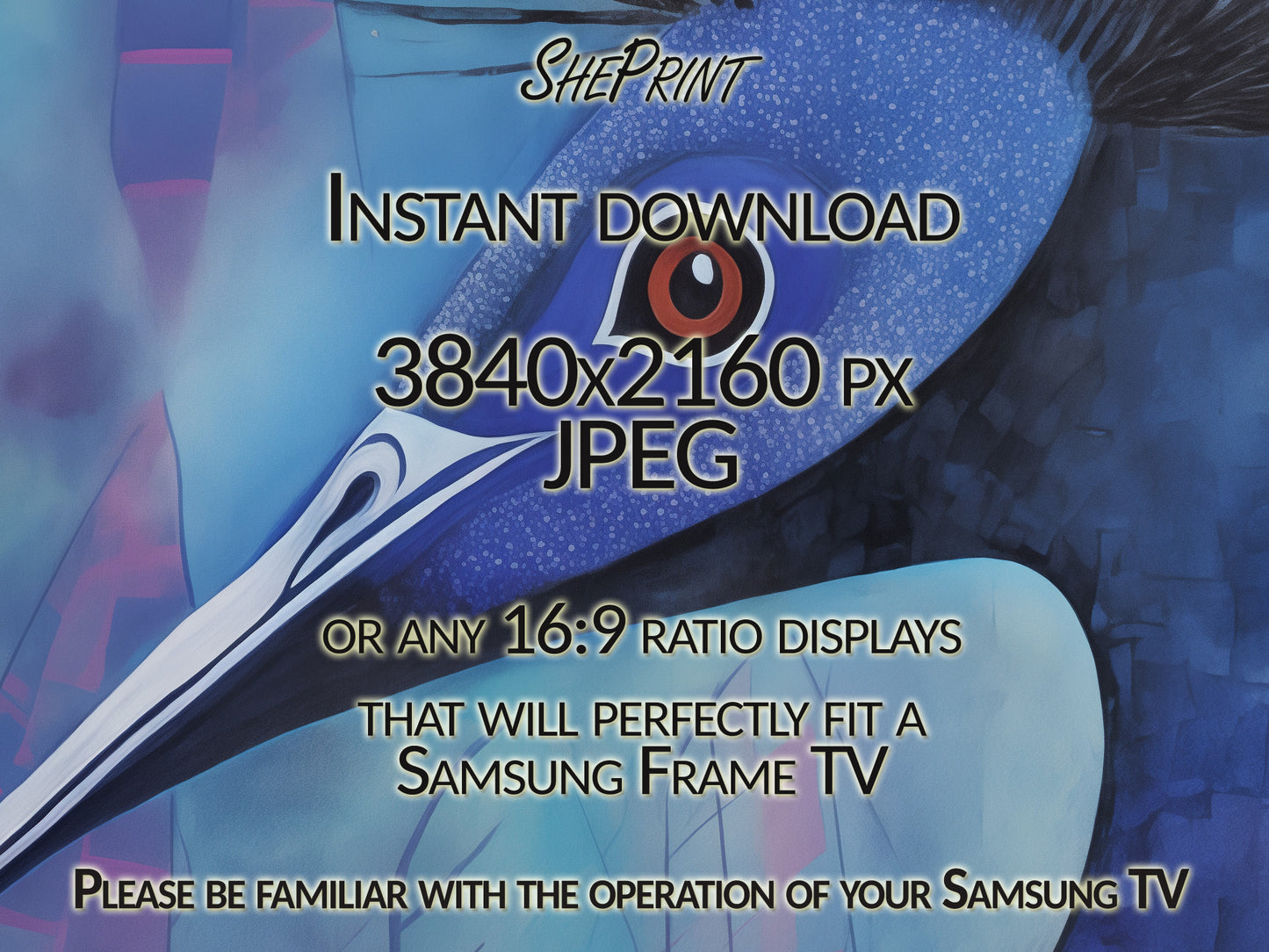 Frame TV Art, Blue Cassowary Bird Art, Digital TV Art, close up view