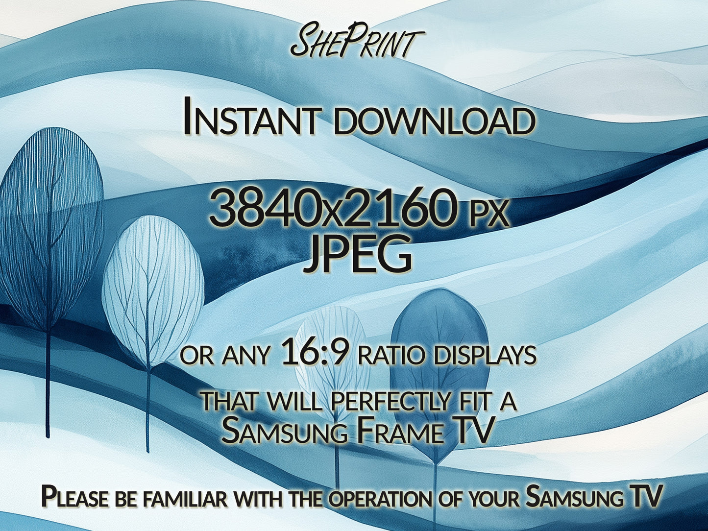 Blue Winter Monochrome Watercolor Frame TV Art close up view