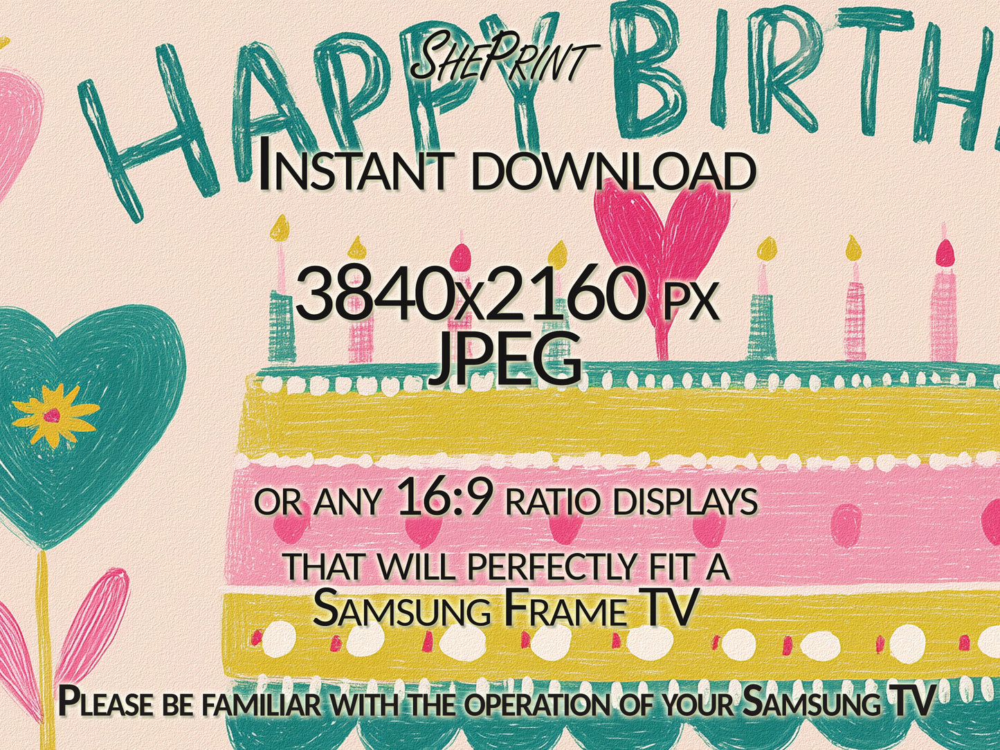 Happy Birthday Frame TV Art | Nordic Folk Pastel Colors preview on Samsung Frame TV close up view