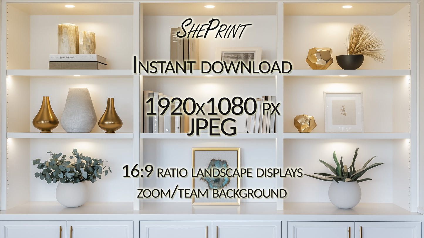 Zoom Background, White Elegant Bookshelves with lights clear backdrop, full image preview