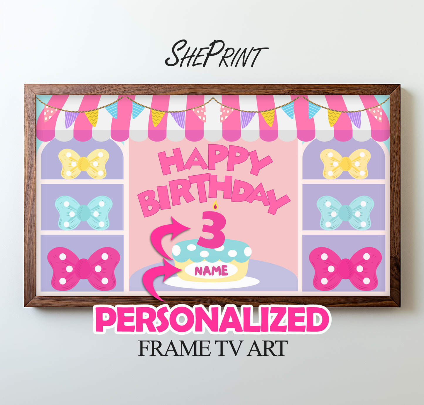 Bowtique Birthday Party | Personalized Birthday Frame TV Art For Kids preview on screen
