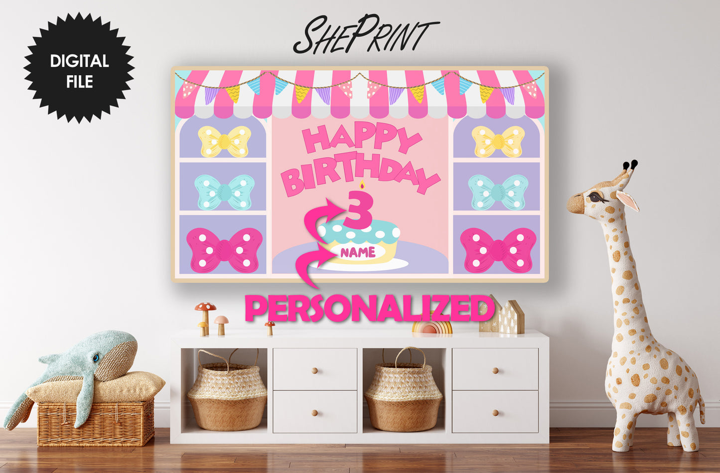 Bowtique Birthday Party | Personalized Birthday Frame TV Art For Kids preview in kids room